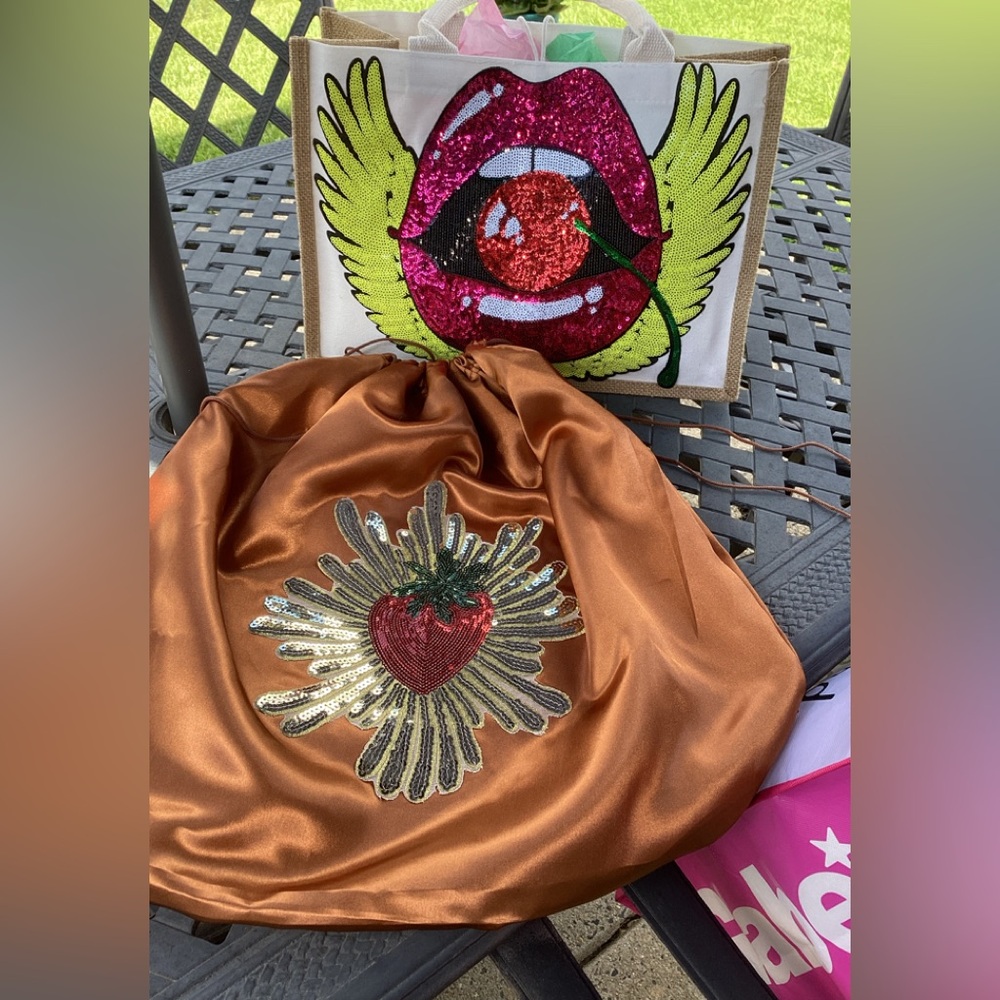 Sequin Lip Design Tote Bag - Pink and Yellow Handmade
